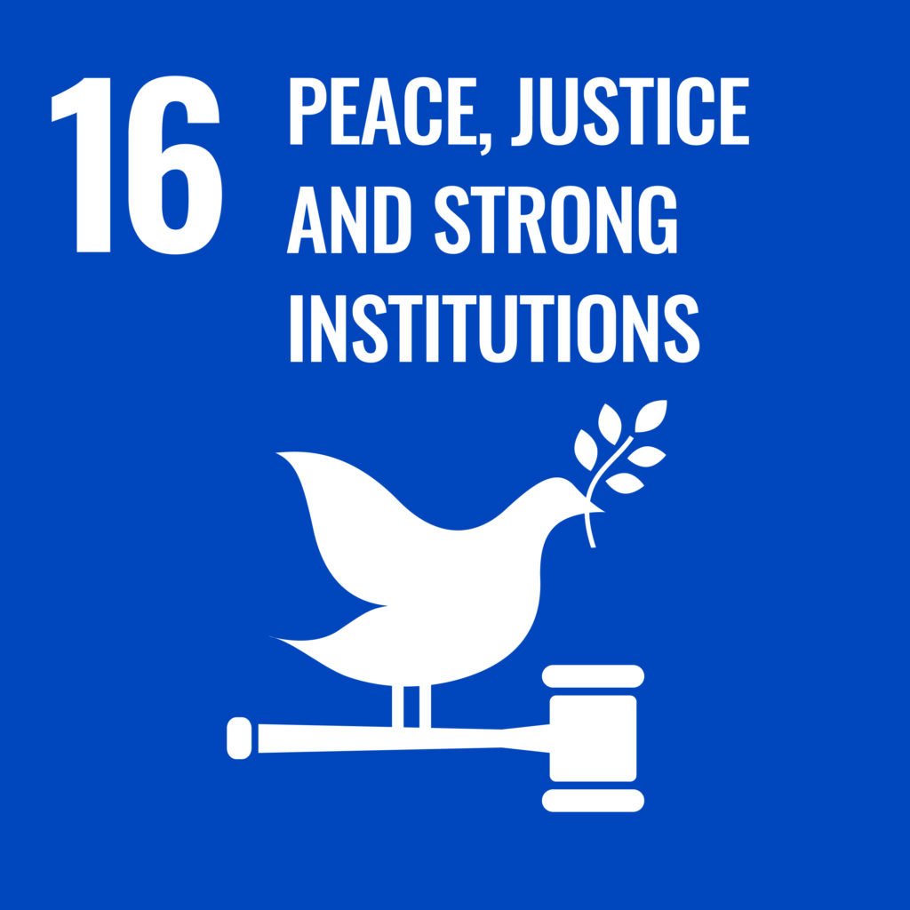 "Visual for Goal 16: Promote peaceful and inclusive societies for sustainable development, provide access to justice for all and build effective, accountable and inclusive institutions at all levels."